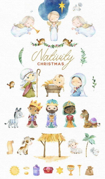 Kit Digital Natal Cristão Aquarela - Nativity Christmas (sj)