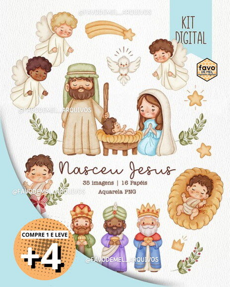 Kit Digital Natal Cristão Aquarela - Nasceu Jesus