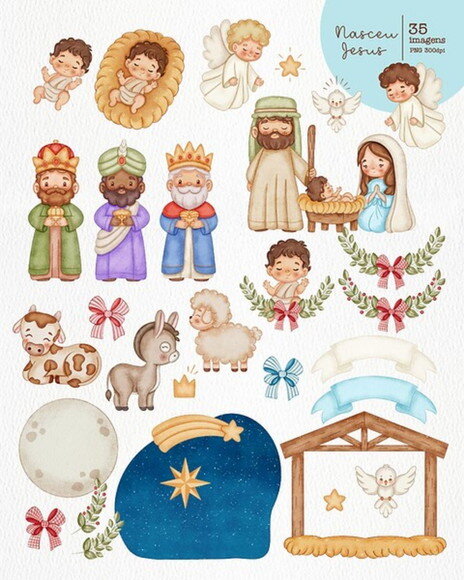 Kit Digital Natal Cristão Aquarela - Nasceu Jesus