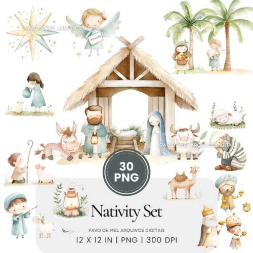 Kit Digital Natal Cristão Aquarela #34 Natividade Png