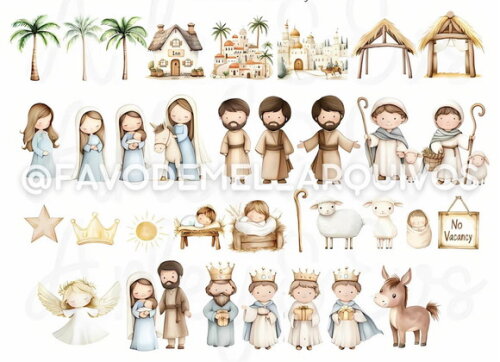 Kit Digital Natal Cristão Cute Aquarela - Nativity