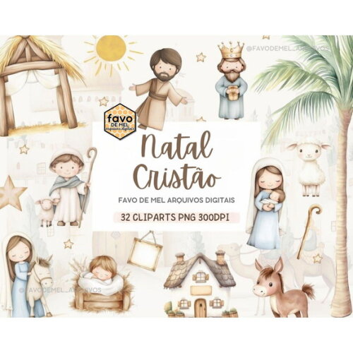 Kit Digital Natal Cristão Cute Aquarela - Nativity