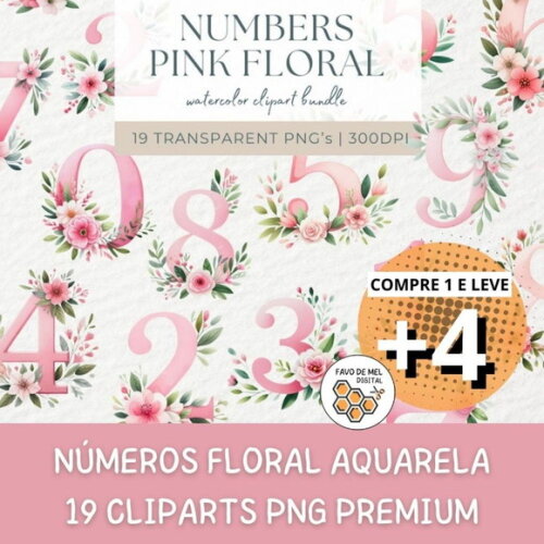 Kit Digital Números Floral Rosa Aquarela Premium