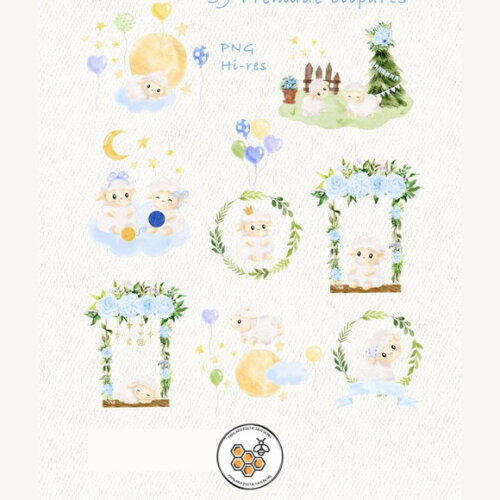 Kit Digital Ovelhinha Azul Aquarela Premium - Baby Lamb Blue