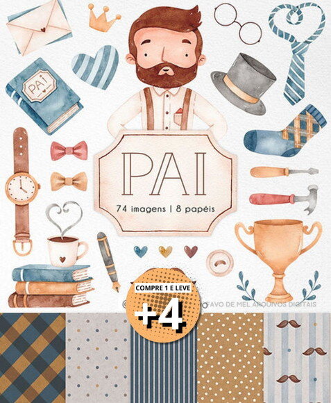 Kit Digital Pai Aquarela - Dia dos Pais Elementos e Papéis
