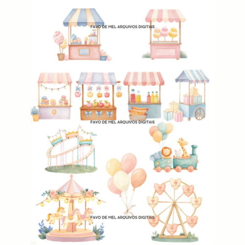Kit Digital Parque de Diversões Candy Aquarela