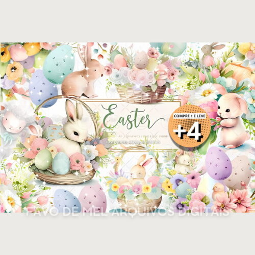 Kit Digital Páscoa Aquarela Coelhinhos Png #12