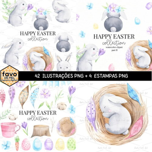 Kit Digital Páscoa Aquarela Coelhinhos Png #2