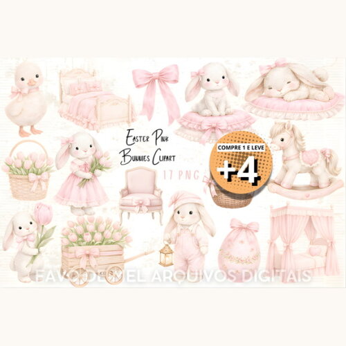 Kit Digital Páscoa Aquarela Coelhinhos Rosa Png #7