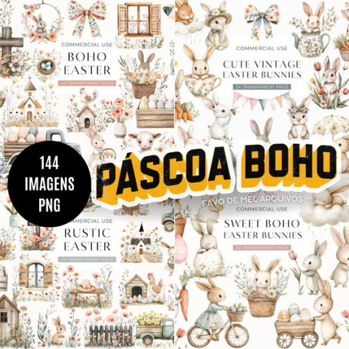 Kit Digital Páscoa Boho Aquarela - Combo 4 Kits Png Premium
