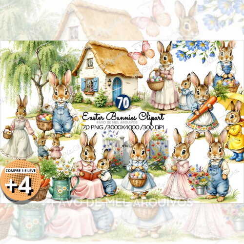 Kit Digital Páscoa Coelhinhos Vintage #15 Png