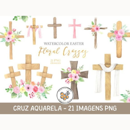 Kit Digital Páscoa Cristã Cruz Aquarela - Floral Crosses
