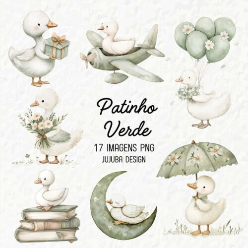 Kit Digital Patinho Verde Aquarela Png Ganso Aquarela