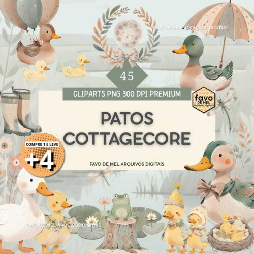 Kit Digital Patos Cottagecore Aquarela Png (pague 1 Leve 5)