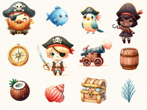 Kit Digital Pirata Cute Aquarela Premium - Pirate Adventure