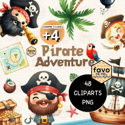 Kit Digital Pirata Cute Aquarela Premium - Pirate Adventure