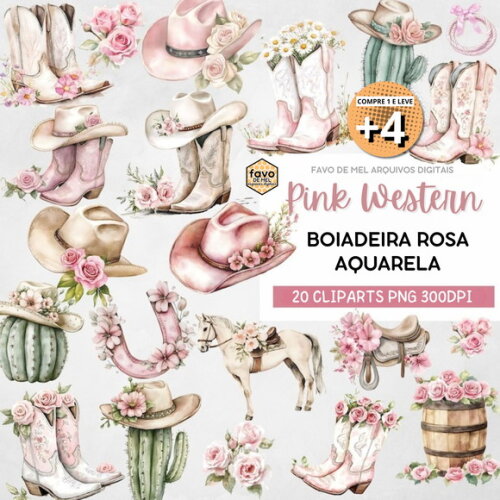 Kit Digital Png Boiadeira Rosa Aquarela (pague 1 Leve 5)