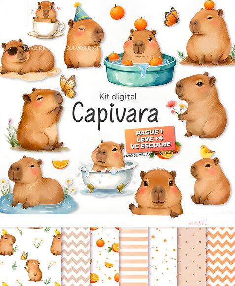 Kit Digital Png Capivara Aquarela #7 (pague 1 Leve +4) Png