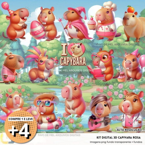 Kit Digital Png Capivara Rosa 3d (pague 1 Leve +4)