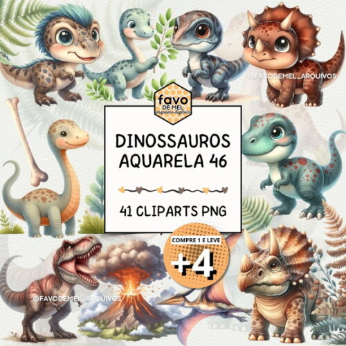 Kit Digital Png Dinossauros Aquarela #46 Png (pague 1 Leve 5