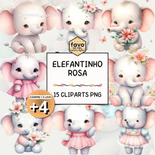Kit Digital Png Elefantinho Rosa 02 (pague 1 Leve +4)