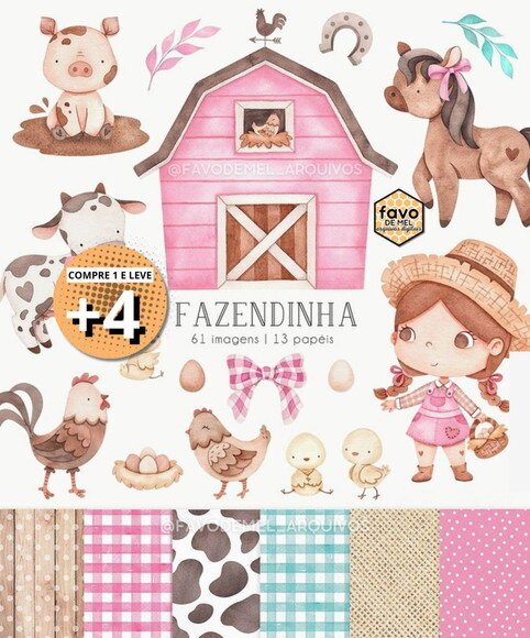 Kit Digital Png Fazendinha Rosa Aquarela 02 -pague 1 Leve +4