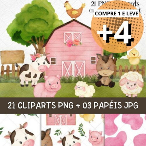 Kit Digital Png Fazendinha Rosa Aquarela #1 -pague 1 Leve +4