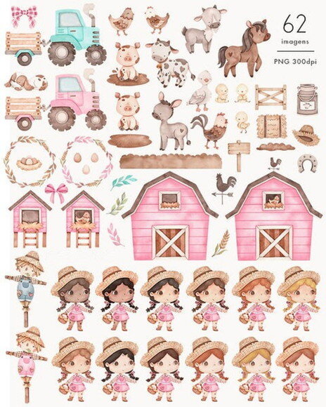 Kit Digital Png Fazendinha Rosa Aquarela 02 -pague 1 Leve +4