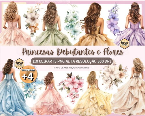 Kit Digital Png Princesas Debutantes 15 Anos Flores Aquarela