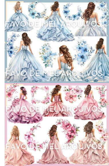 Kit Digital Png Princesas Debutantes 15 Anos Flores Aquarela