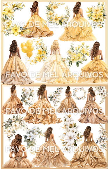 Kit Digital Png Princesas Debutantes 15 Anos Flores Aquarela