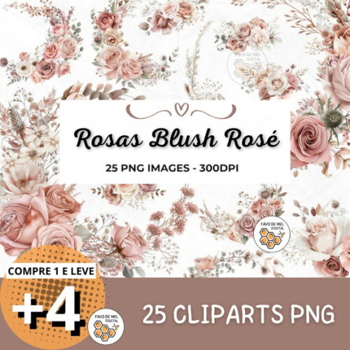 Kit Digital Png Rosas Aquarela 02 - Blush (pague 1 Leve +4)