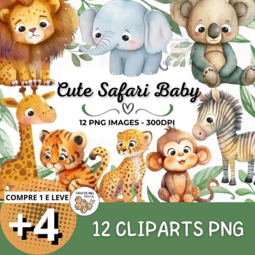 Kit Digital Png Safari Baby Aquarela 04 (pague 1 Leve +4)