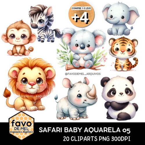 Kit Digital Png Safari Baby Aquarela 05 (pague 1 Leve +4)