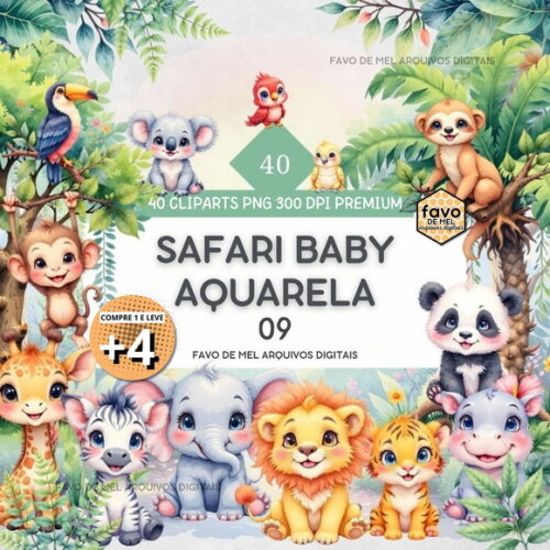 Kit Digital Png Safari Baby Aquarela 09 (pague 1 Leve +4)