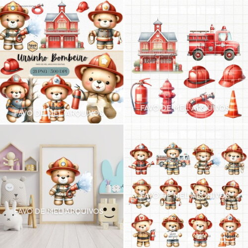 Kit Digital Png Ursinho Bombeiro Aquarela Premium