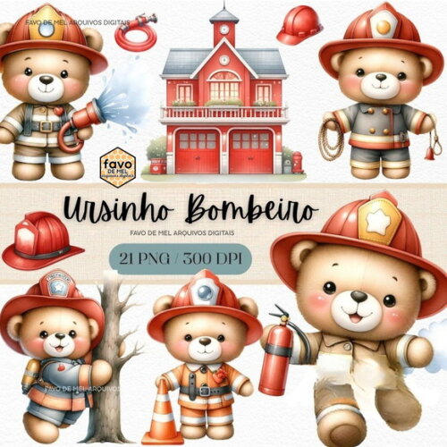 Kit Digital Png Ursinho Bombeiro Aquarela Premium