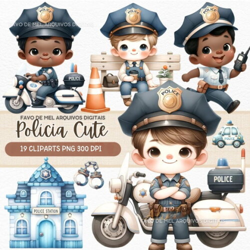 Kit Digital Policia Cute Aquarela - Policiais Fofinhos Png