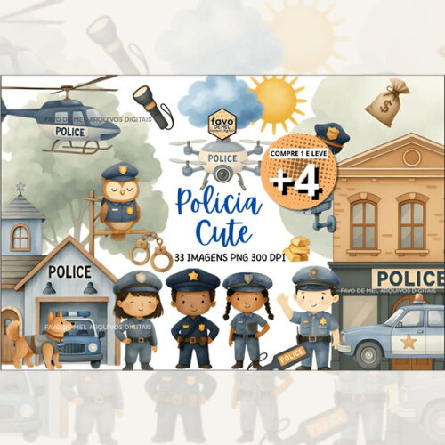 Kit Digital Policial Cute Aquarela 05 (pague 1 Leve +4)