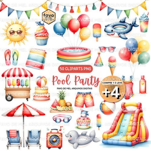 Kit Digital Pool Party Aquarela - Festa na Piscina Aquarela