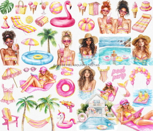 Kit Digital Pool Party Aquarela -tardezinha Aquarela Premium