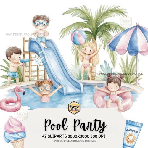 Kit Digital Pool Party Aquarela Premium - Piscina Png