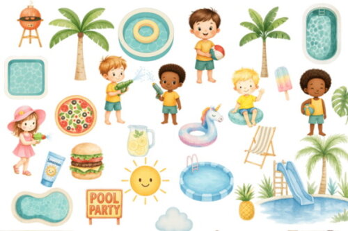 Kit Digital Pool Party Aquarela Premium Png 08