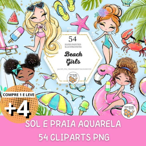 Kit Digital Pool Party Sol e Praia Aquarela - Beach Girls