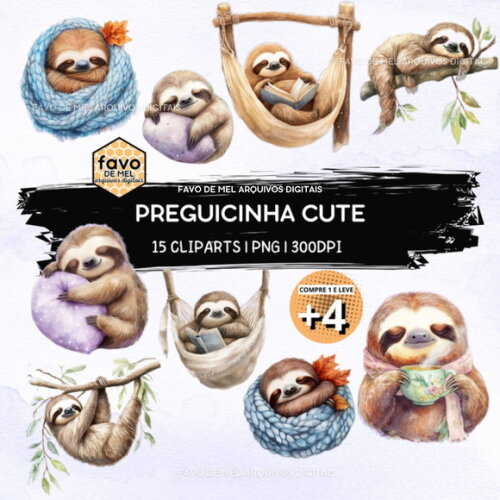 Kit Digital Preguicinha Cute Aquarela (pague 1 Leve +4)