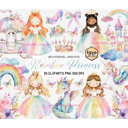 Kit Digital Princesa Arco-íris Aquarela - Cute Unicórnio Cc