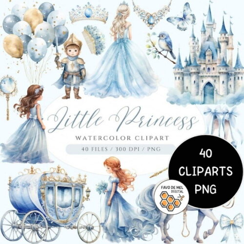 Kit Digital Princesa Azul Aquarela Premium - Little Princess