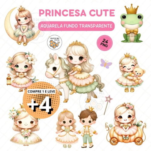 Kit Digital Princesa Cute Aquarela - Little Cute Princess
