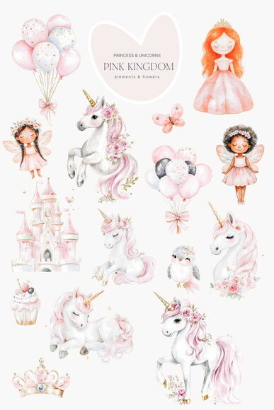 Kit Digital Princesa e Unicórnios Rosa Aquarela #20 Png