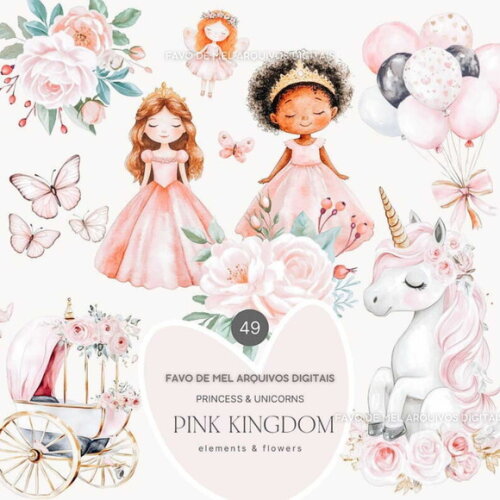 Kit Digital Princesa e Unicórnios Rosa Aquarela #20 Png